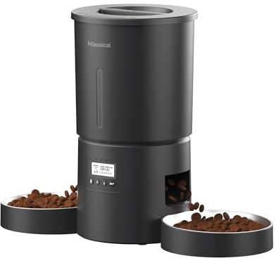 Miaosical Automatischer Katzenfutterautomat mit Doppelnäpfen für 2 Katzen, Kätzchen & kleine Hunde Futterspender (Schwarz, 4.2L+Rostfreier Stahl 2 Schalen)