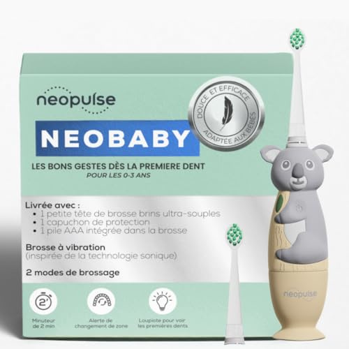 NEOPULSE NEOBABY – Brosse à dents Électrique à Vibration ou Manuel pour Bébé dès la Première Dent + Tête de Brosse Ultra-souple – Inspirée Technologie Sonique – Tête Lumineuse – Minuteur – 1 pile AAA