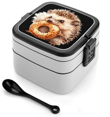 Hedgehog Eats - Contenitore per il pranzo a doppio strato con stampa bagel gigante con cucchiaio