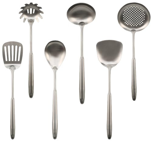 Lot de 6 ustensiles de cuisine en acier inoxydable avec long manche en métal - Spatules de cuisine en acier inoxydable