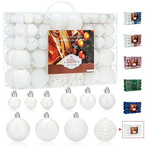 Aitsite 101 Stück Christbaumkugeln Weiß Weihnachtskugeln 6CM/4 cm/2 cm Kunststoff Christbaumschmuck Wandbehang Ornamente Weihnachtsbaum Kugeln Flitter Tür Dekorationen Festival Dekore