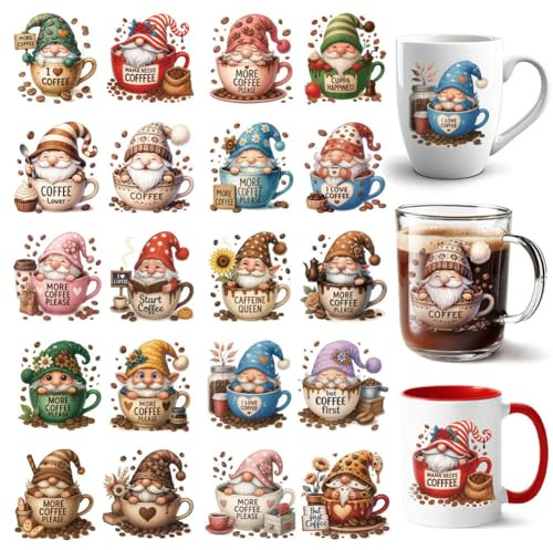 GOMAKERER 20 Stück Kaffeezwerge UV DTF Tassenfolien 10 Blatt Bunte Transferaufkleber Für Kaffeeliebhaber Tassen Wasserfestes Transferpapier Zum Aufreiben Für Vasen Gläser Tassen Möbeldekorationen