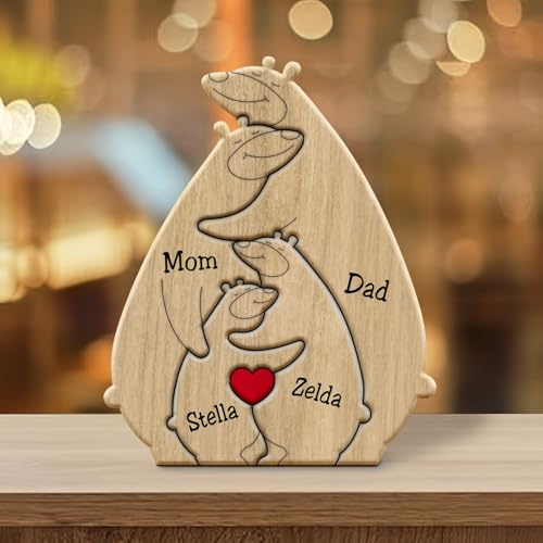 Drawelry Personalisierte Bär Statue Holzpuzzle mit 2-9 Namen Gravur Dekoration Holz Handwerk Bären Familien Skulptur Puzzle Deko Ornament Weihnachte Geburtstag Geschenk für Familie Freunde Paare (A4)