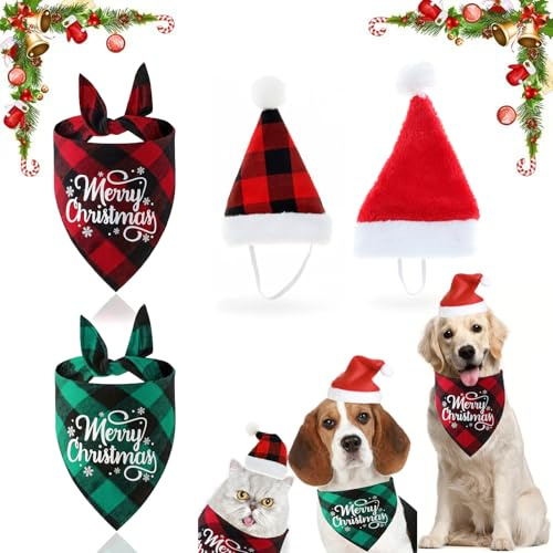4 Stück Hundehalstuch Weihnachten, Hunde Bandana Weihnachten, Katzen Weihnachtsmütze, Hunde Katzen Weihnachtskostüm, Outfit für Kleine Mittelgroße Große Haustier