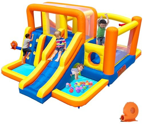 Baralir Toboggan à eau robuste pour grands enfants, zones de jeu séparées humides/sèches, maison de rebond pour enfants avec 2 toboggans indépendants, 2 murs d'escalade et 2 piscines, 2 tunnels