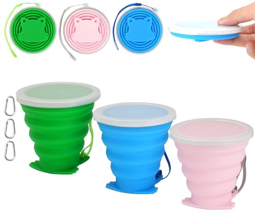 WRENYZK Lot de 3 gobelets pliables, avec couvercle, 270 ml, réutilisables, portables, en silicone, pour l'extérieur, le camping, les voyages, le sport, les pique-niques, la randonnée (bleu, vert