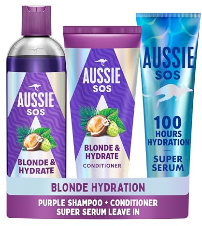 Aussie Blonde&Hydrate Set: Purple Shampoo, Conditioner,Super Serum Leave In | For Blonde, Bleached, Highlighted, Silver and Grey Hair. Neutralise Brassy, Yellow Tones, Boost Brightness, Softness & Shine