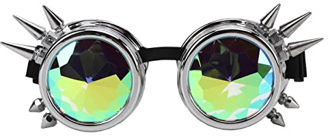 SIXRUN Kalejdoskop Solglasögon Steampunk-glasögon med Regnbågskristalllins Justerbart Nässtöd Elastiskt Band Lätt PC ABS för Retro Party Halloween Kostym (Bright Silver)