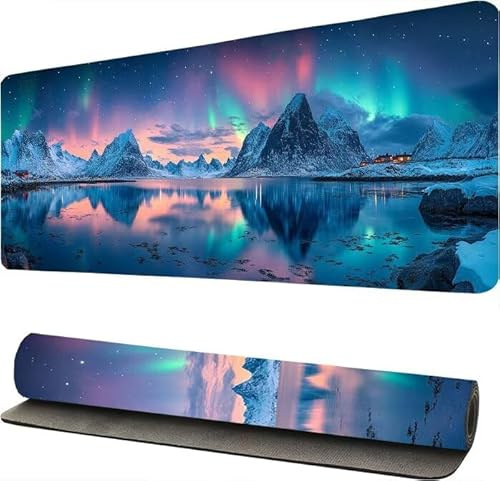 Tapis de Souris Gaming XXL Aurores Boréales Paysage, Tapis de Souris XXL 40x80cm, Mouse Pad Mat, sous Main Gamer Extra Large en Tissu, Base antidérapante, Haute précision -46218