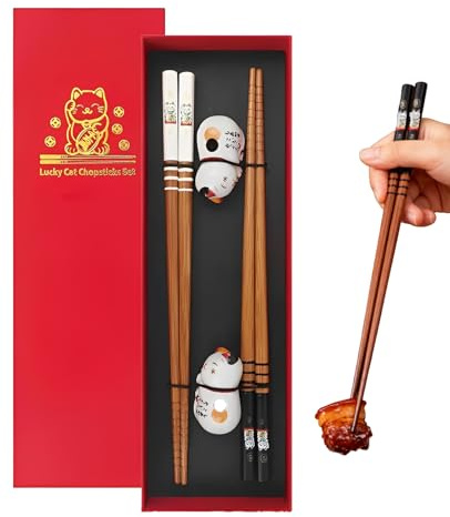 Ninnyi 2 Pairs Japanese Bamboo Chopsticks, Reusable Chop Stick with 2 Ceramic Cat Chopstick Rest for Noodles, Sushi Rice