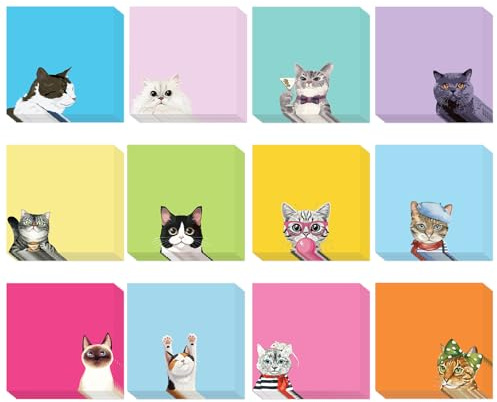 Zasjon 12 Bloques de Notas Adhesivas para Gatos, Post It para Libros Colores, Bloc de Notas, Suministros de Oficina Divertidos, Regalo para Amantes de Los Gatos, Colegas y Estudiantes, 7,6 x 7,6 cm