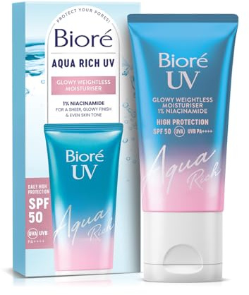 Biore Aqua Rich UV Glowy Weightless Moisturiser SPF 50, 50ml | 3in1 High Protection, Hydration, Glow Primer Under Makeup, 1% Niacinamide, No White Cast, Non Oily Sun Cream