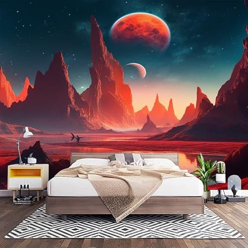 Vliestapete XXL Wandtapete 3D Effekt Wand Dekoration Fantasievolle Planetenlandschaften Fototapete Selbstklebend Moderne Design Rot Mustertapete Wohnzimmer Schlafzimmer Büro Flur 250x175 cm