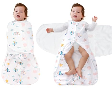 FUNUPUP Pucksack Baby 6-12 Monate, 100% Baumwolle Swaddle Schlafsack Baby Sommer 1 Tog, 3-in-1 Babyschlafsack mit Klettflügelnc und Doppeltem Reißverschluss