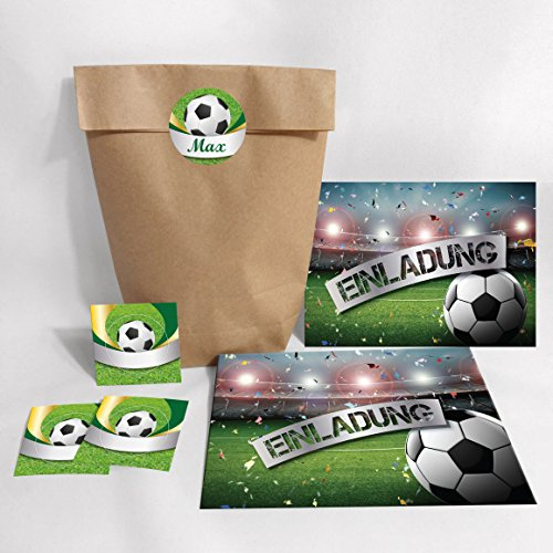 JuNa-Experten 10-er Set Einladungskarten zum Kindergeburtstag Jungen Fussball Fußball incl. 10 Umschläge, 10 Partytüten, 10 Aufkleber/Einladungen zum Geburtstag Kinder