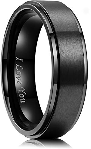 King Will 316L Stainless Steel Wedding Ring for Men Women- 6mm Width Black Wedding Band Laser I Love You Stepped Beveled Edge Style Comfort Fit Size 11
