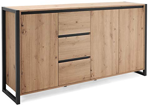 Newfurn Sideboard Wildeiche Anthrazit grifflos Kommode Wohnzimmer Flur | 3 Schubladen 3 Türen, schwarzes Metallgestell, Anrichte Highboard, Kommode mit Türen, Industrial Loft, fürs Schlafzimmer