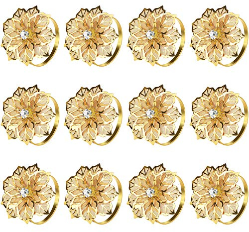 KPOSIYA Set of 20 Napkin Rings, Metal Gold Hollow Out Flower Napkin Ring Holder for Wedding Party Holiday Banquet Christmas Dinner Delicate Serviette Buckles Decor Favor (20, Flower-Gold)