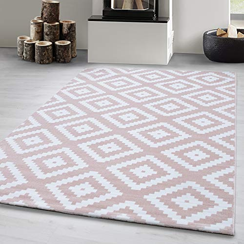 Carpetsale24 Teppich 80x150 cm Rosa Kurzflor Rauten Design Moderner Läufer für Wohnzimmer Schlafzimmer Flur Küche Esszimmer Kinderzimmer Pflegeleicht Weich