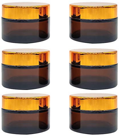 6 Pcs Amber Glass Jars, Refillable Small Glass Jars with Lids, 50ml Travel Pots for Storage Homemade Facial Cream Lotion Ointment