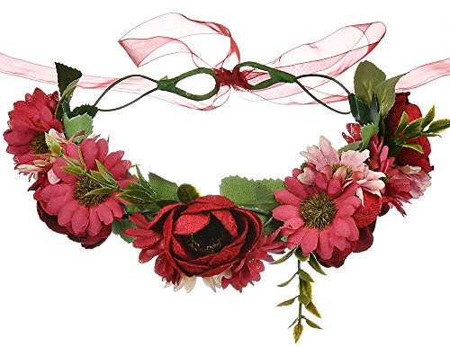 Shiwaki Fiori Artificiali Cerchietto Capelli Rosa Corona Ghirlanda Floreale Corona Halo Copricapo con Nastro Festa di Nozze (Rosso)