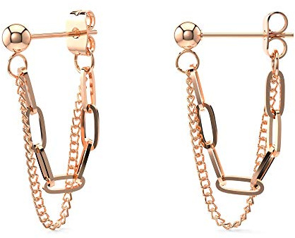 THIORA Kettenglieder Ohrringe | Premium Edelstahl | Kettenohrringe Damen | Chain Ohrstecker | Statement Schmuck (Rosegold)