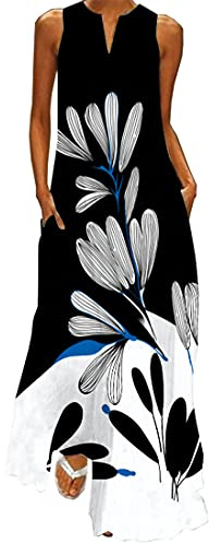 WINKEEY Falda Larga para Mujer Falda Extragrande de Verano con Estampado Bohemio, Flores en Blanco Negro XXL