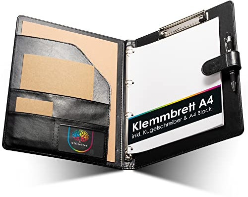 OfficeTree Klemmbrettmappe A4 mit Deckel - Schreibmappe A4 Klemmbrett Schwarz - Arbeitsmappe mit Ringbuch - Klemmbrett Mappe Organizer - Inklusive Block und Kugelschreiber