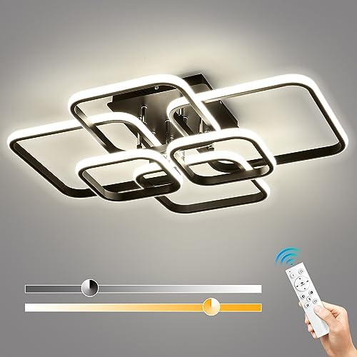 Dimmable Modern LED Ceiling Light, 6 Rings Square Ceiling Lamps with Remote Control, 3-Color Semi Flush Mount Light Fixtures, 3000K-6500K for Living Room Dining Room Bedroom Lighting 101W