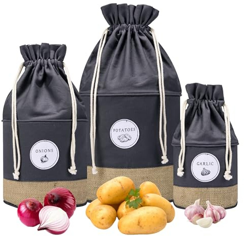 Meraki Home Potato Onion Garlic Storage Containers - Farmhouse Kitchen Storage Organization Pots - Sustainable Jute Cotton Vegetable Baskets Bins - Drawstring Holder
