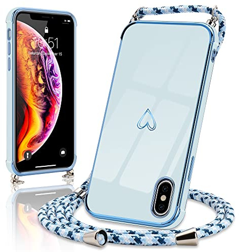 Micoden Handykette für iPhone X/Xs Hülle Necklace mit Band Herz Design | Kameraschutz Handyhülle Herz Design Galvanik Dünn Silikon Case Bumper Kordel zum Umhängen Stoßfeste Schutzhülle, Blau