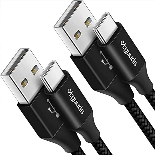 etguuds USB C Cable 2Pack 60CM, USBA to USBC Charger Cable 3A Fast Charging | USB Type C Lead Nylon Braided for iPhone 17 16 15 Pro Samsung Galaxy S25 S24 S23 S21 S20 S10 S9 S8 Plus S10E-Black