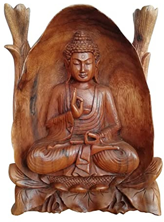 Wogeka - Schöner 30 cm Meditation Buddha in Höhle - Schnitzerei aus Holz als Geschenk-Idee zu Geburtstag Weihnachten zur Wand-Dekoration Feng Shui Handarbeit