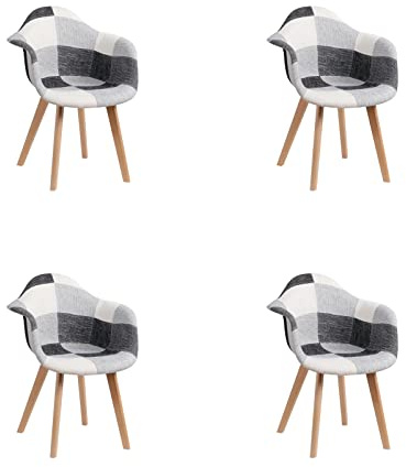 HJhomeheart 4er Esszimmerstühle aus Patchwork-Stoff mit Armlehnen, Moderner Design-Sessel, Skandinavischer Küchenstuhl aus Buchenholz (Schwarz+Weiß+Grau)