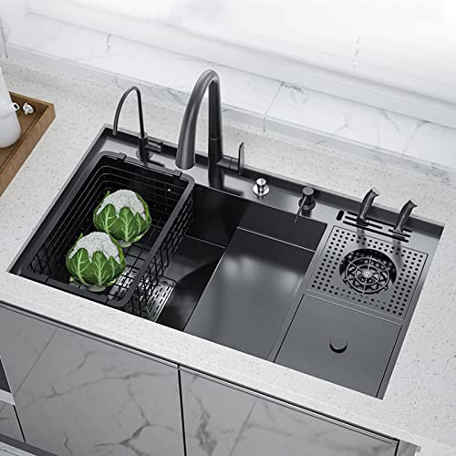 Küchenspüle Große Einzelschüssel 18-Gauge-Edelstahlspüle Glaswaschbecken Mit Leiter Multifunktionsspüle Mit Mülleimer