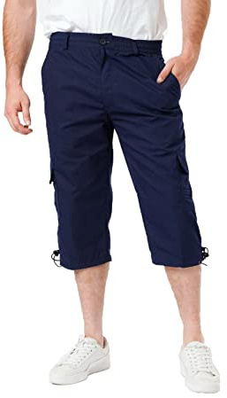 LABEL APPAREL Herr 3/4 shorts last combat elastisk midja trekvarts långa byxor byxor M-3XL, Marinblått Xsp, XL