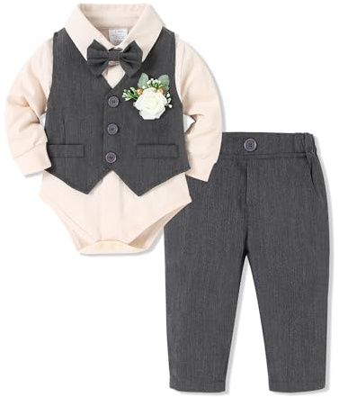 SOLOYEE Bambino Ragazzi Set di Abbigliamento da Gentiluomo, Completi da Battesimo per Neonato Completi Camicia a Manica Lunga + Papillon + Gilet + Pantaloni + Corsage (Grigio, 12-18 Mesi)