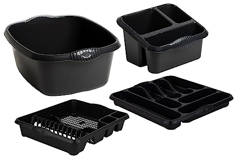 M1SS Black - 4 Piece Casa Plastic Kitchen Set (38cm Rectangular Bowl, Large Cutlery Tray, Large Dish Drainer & Sink Tidy) Perfect for Kitchen Organisation Home and Restaurants