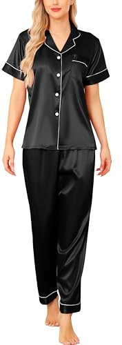 Vlazom Womens Silk Pyjamas, Soft Satin Short Sleeve Top & Long Pant Pyjamas Set Button Down Pj Sets Loungewear for All Seasons, A-Black,M