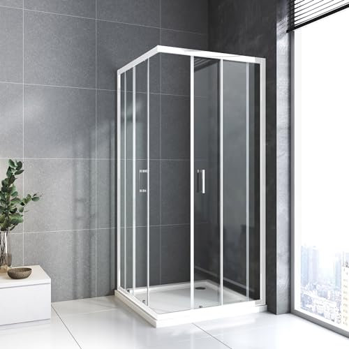 Duschkabine 80 x 80 x 185 cm ESG-Glas Duschabtrennung komplett mit Nano, Eck-Dusche mit Doppel Schiebetür flexible Montage Duschkabine Schiebetür Weiß