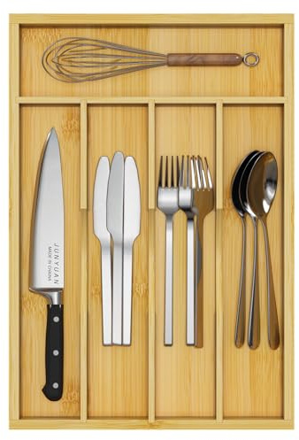 Youpehom Bambus-Utensilien-Organizer für Küchenschubladen, Utensilienablage und Besteckhalter, Holz-Schubladenteiler mit 5 Schlitzen