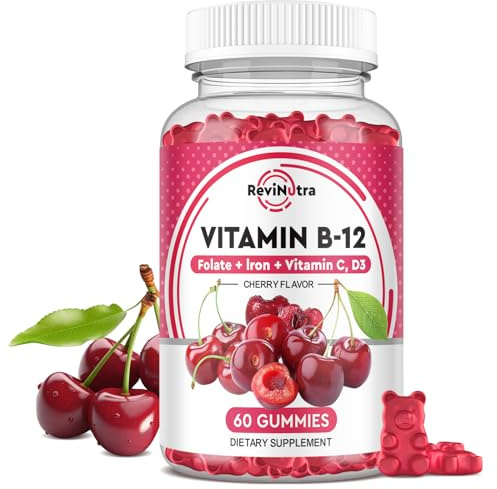 ReviNutra Vitamin B12 Gummies - 5000 mcg Methylcobalamin with Iron, Vitamin C, D3 & Folate, Energy Support and Metabolism, Immune, B-12 Complex Chewable Supplement for Men & Women, Vegan- 60 Count