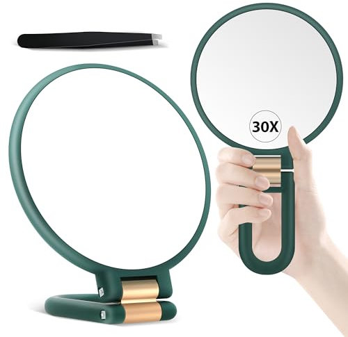 MIYADIVA Specchio ingranditore portatile, doppio lato, specchio da viaggio con ingrandimento 30X/1X, manico regolabile a 360° e pinzette di precisione, specchio portatile multiuso per il trucco, verde