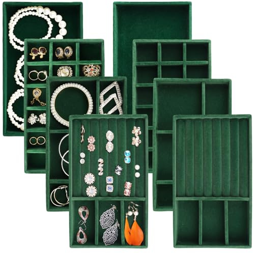 Afnkiom Jewelry Trays for Drawers, Set of 8 Stackable Velvet Jewelry Tray Inserts for Rings, Earrings, Necklaces, Bracelets – Fits Most Dresser/Closet Drawers, Non‑Slip Lined, Green