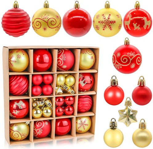 44 PCS Christmas Baubles for Tree Decorations, Plastic Christmas Ball Hanging Ornaments Sets, 6cm, 3cm, Red Gold Baubles