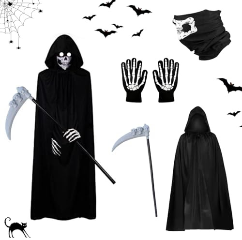 XLZJYIJ 4 piezas Disfraz de Parca para Halloween, Disfraz de Parca para Niño, Disfraz de Segador de Halloween para Máscara, Guantes, Hoz para Halloween Fiesta,Carnival Costume,Cosplay