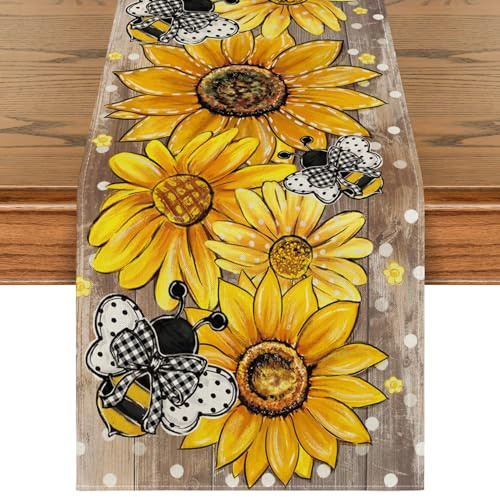 Artoid Mode Planken Sonnenblumen Bienen Frühling Tischläufer, Saisonnal Sommer Küche Tisch Dekoration Drinnen Urlaub Party Dekor 40x180 cm