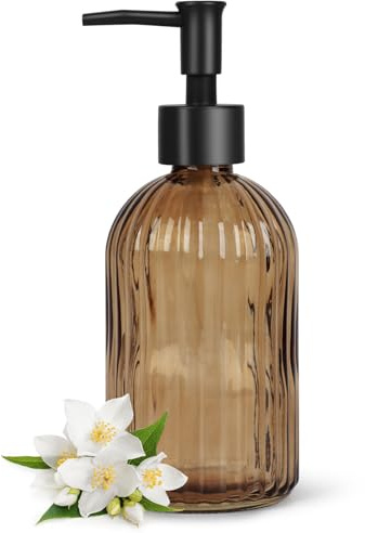 13.5oz Stripe Glass Soap Dispenser with Black Plastic Pump, 400ml Liquid Hand Soap Dispenser, Rustproof Pump for Kitchen & Bathroom, Great for Lotions, Essential Oil, Liquid Soaps-Amber