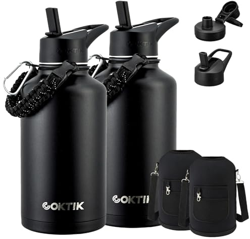 Half Gallon Insulated Water Bottle, 64 oz Triple Wall Stainless Steel Flask, Keeps Drinks Cold for 48 Hrs Leak-Proof & BPA-Free Half Gallon Jug with Paracord Handle, Straw & Spout Lids(2 pack,Black)