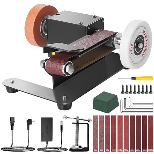 Mini Bandschleifer, 350W Elektrischer Bandschleifer, 7-Stufig Verstellbarer Polierer, DIY Polierschleifmaschine mit 10 Schleifbänder Geliefert, Schleifscheibe und Polierscheibe zum Polieren von Holz